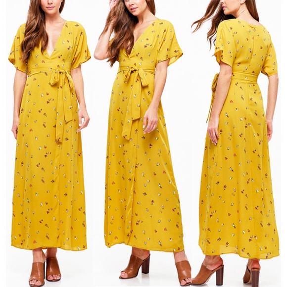 Yellow Plunging V Neck Floral Faux Wrap Maxi Dress - Picture 2 of 8